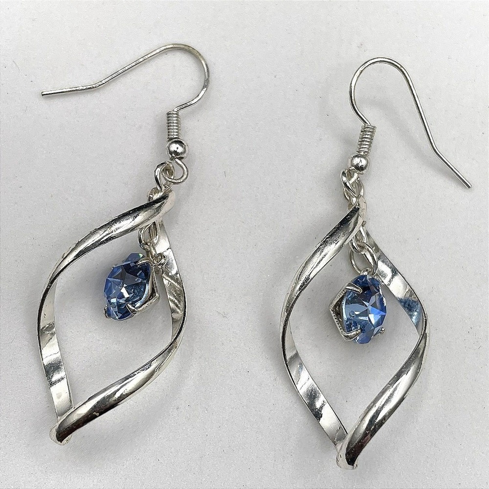 Vintage‎ Silver Tone Blue Crystal Dangle Earrings Open Twist Marquise Wire Drop